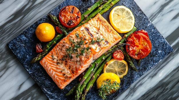 Photo a plate of food including salmon asparagus and lemon