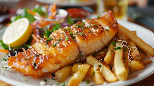 a plate of food including salmon french fries and a salad