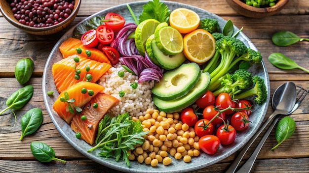 a plate of food including salmon rice and vegetables