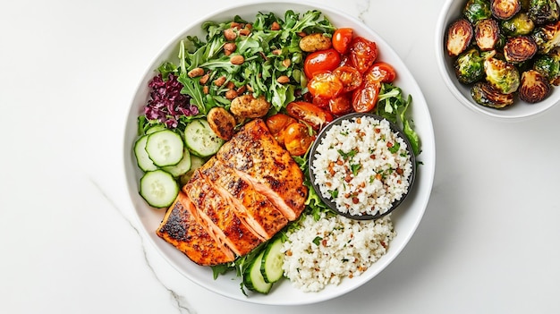 Photo a plate of food including salmon salad and rice