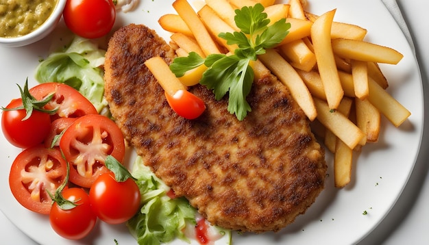 a plate of food including a sandwich french fries and tomatoes