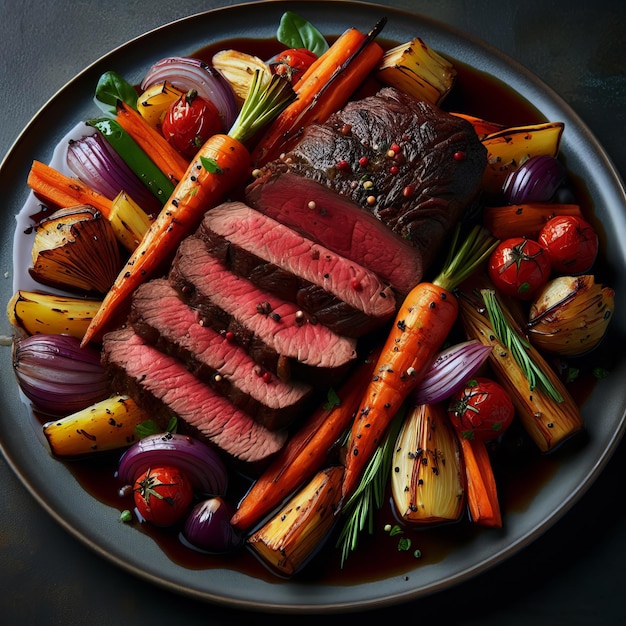 a plate of food including steak carrots and radishes