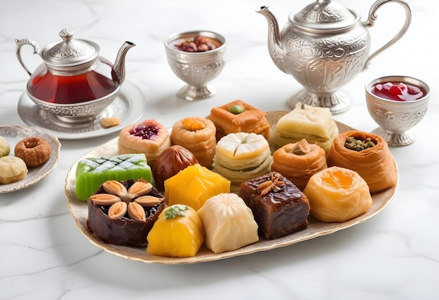 a plate of food including a teapot and a teapot