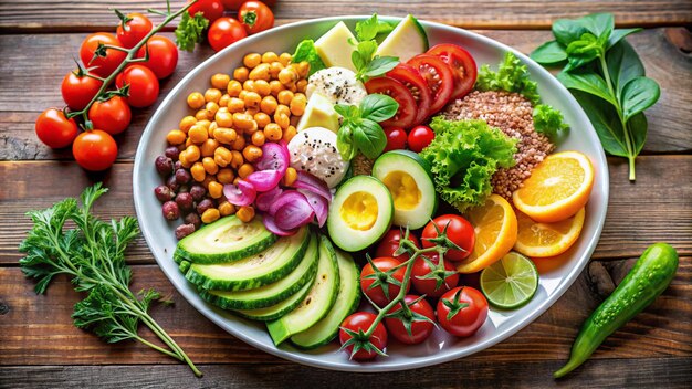 a plate of food including tomatoes cucumber avocado and avocado