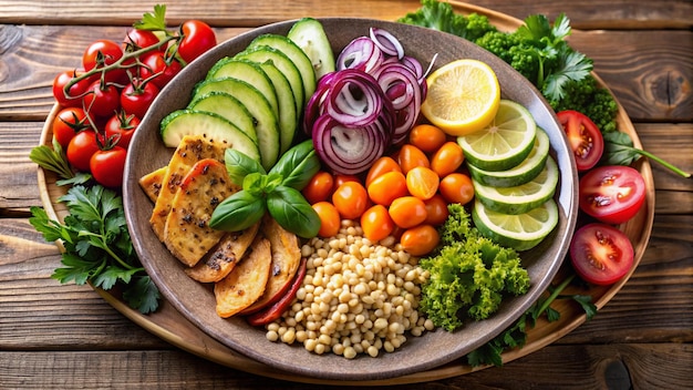 a plate of food including tomatoes lettuce and onions