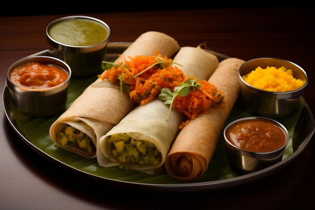 a plate of food including tortillas rice and dips