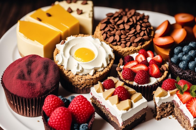 A plate of food including a variety of desserts.