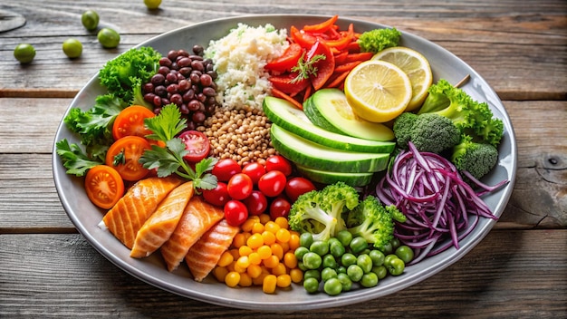 Photo a plate of food including vegetables rice and beans