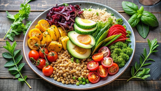 a plate of food including vegetables tomatoes and cucumber