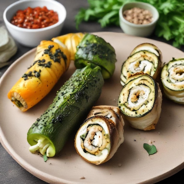 Photo a plate of food including zucchini beans and other vegetables