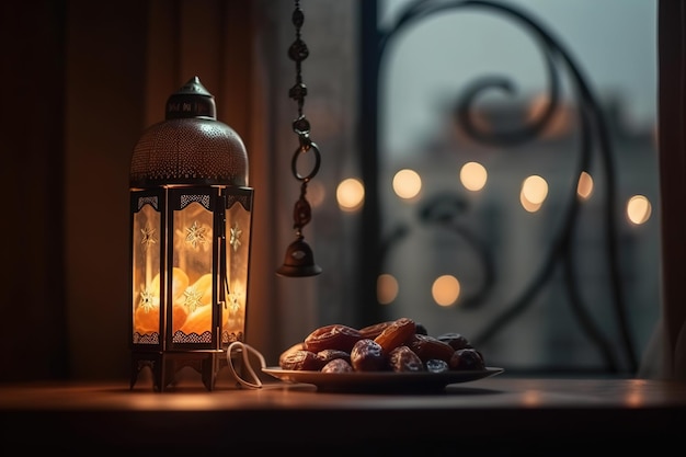 A plate of food next to a lantern with a candle lit up in the background.