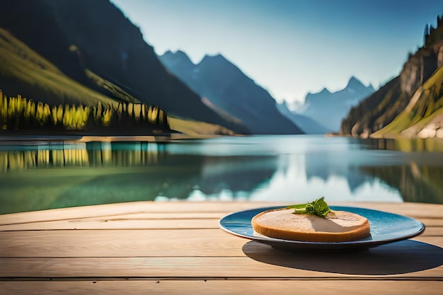 A plate of food on a table with mountains in the background