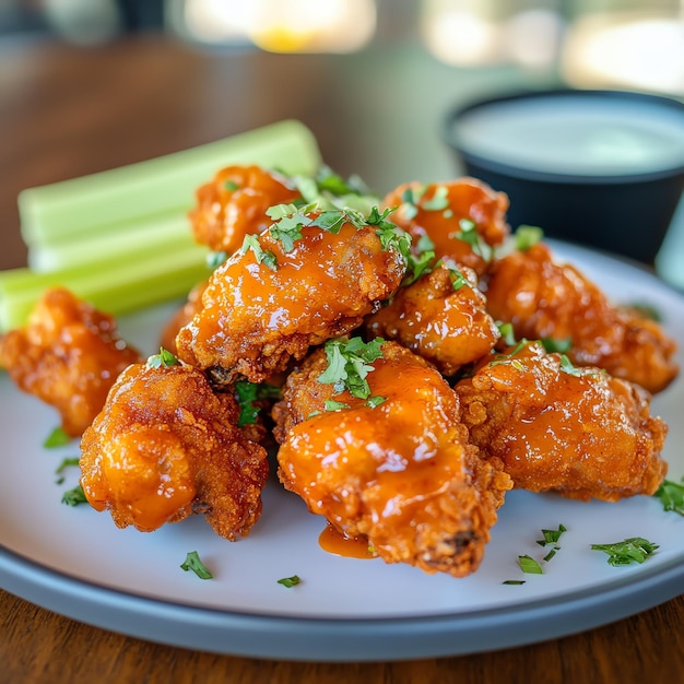 a plate of food that has chicken wings on it