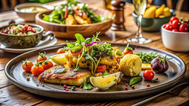 a plate of food that has a glass of wine in it