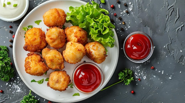 Photo a plate of food that has ketchup and lettuce on it