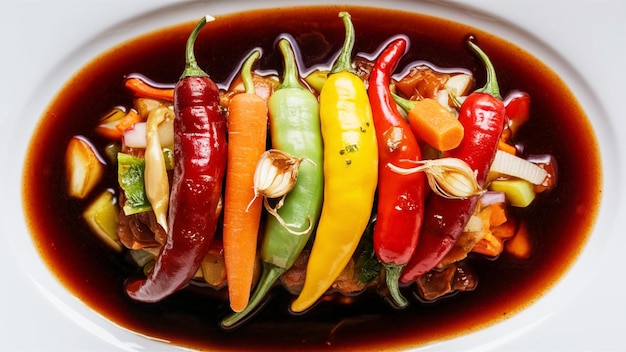 a plate of food that has peppers and peppers on it