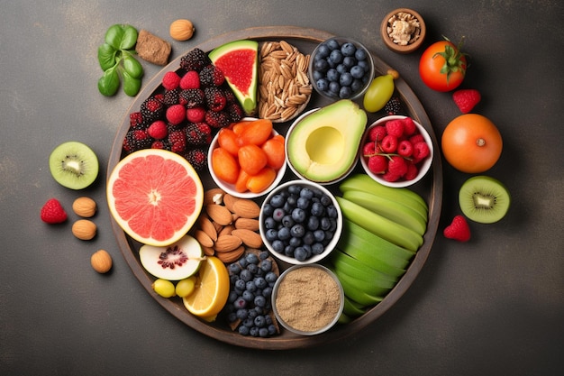 A plate of food that includes fruits and vegetables.