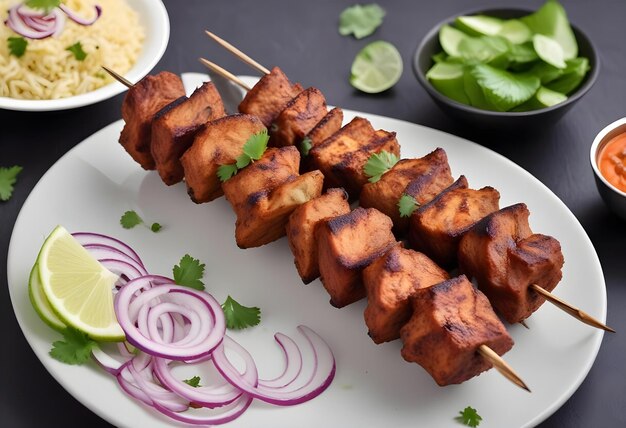 a plate of food that includes kebab and onion