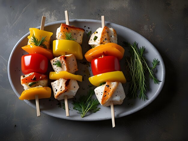 Photo a plate of food that includes kebab peppers and cheese