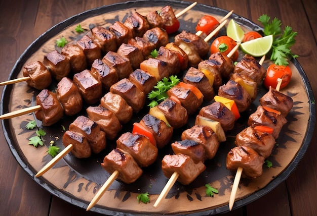 a plate of food that includes kebabs and peppers