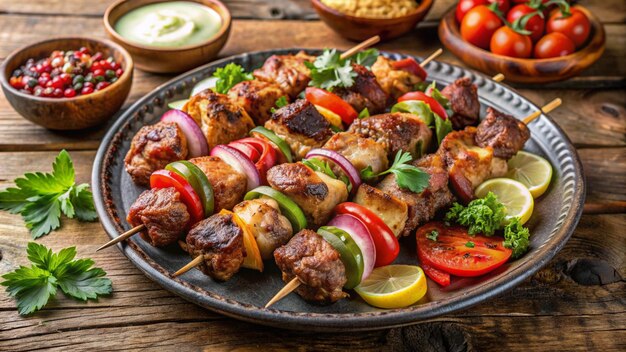 a plate of food that includes kebabs and tomatoes