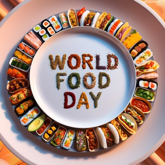 a plate of food that says world food on it