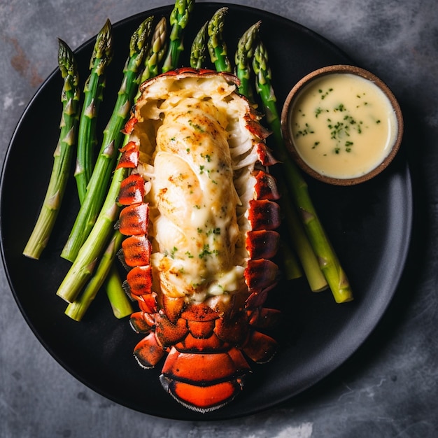 A plate of food with asparagus and a bowl of sauce.