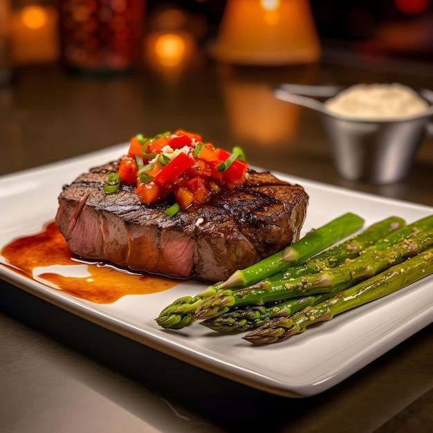 A plate of food with asparagus and a plate of food on it