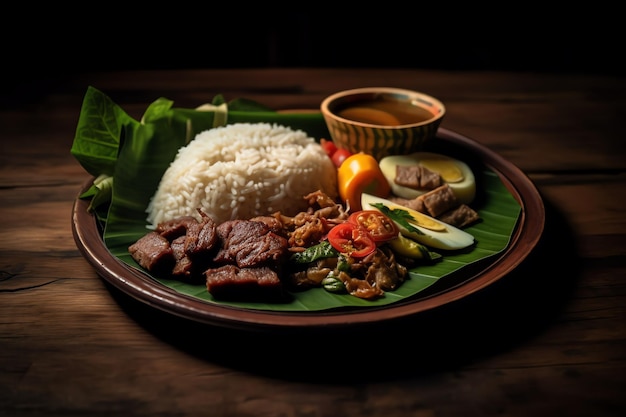 A plate of food with a banana leaf on it