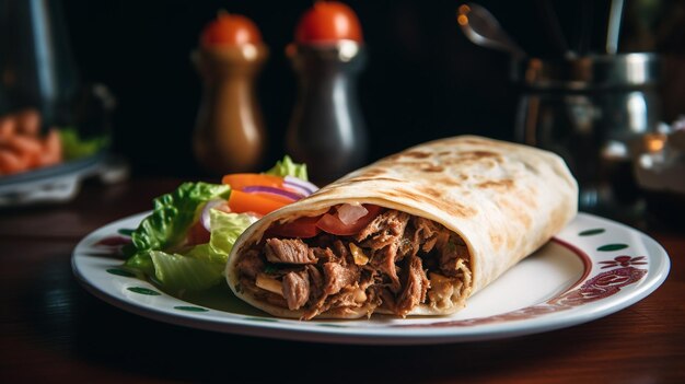 A plate of food with a beef burrito on it