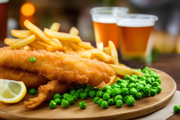 A plate of food with beer in the background