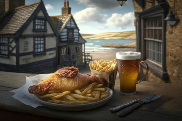 A plate of food with a beer and a fish on it