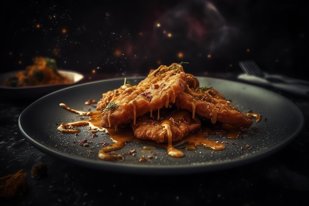 A plate of food with a black background and a dark background with a light and dark background.