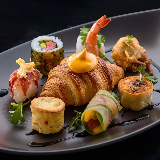 a plate of food with a black background with a black border