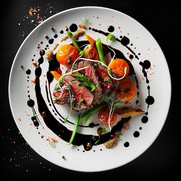 a plate of food with a black background with a white plate with a black speckled design on the top