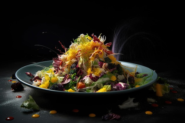 A plate of food with a black background and a yellow flower on the top.