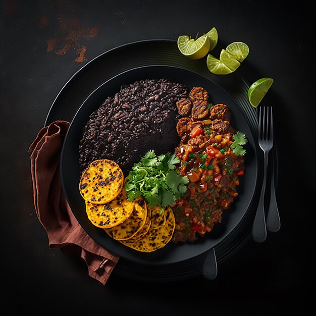 A plate of food with black beans and black beans on it