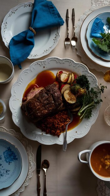 Photo a plate of food with a blue napkin next to it and a bowl of food