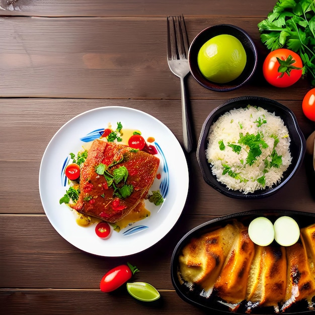 A plate of food with a blue and white plate with a fish on it.