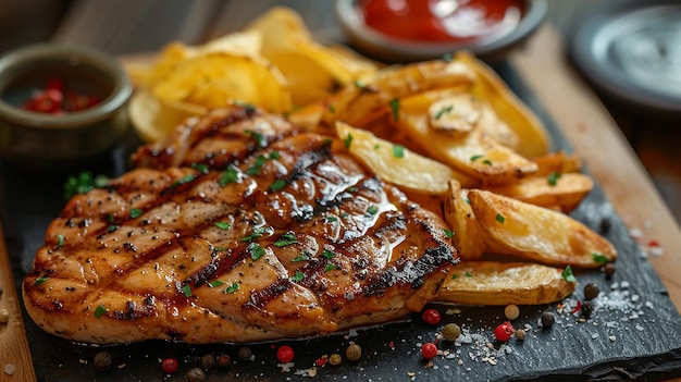 a plate of food with a bottle of ketchup on it