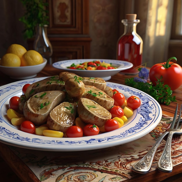 a plate of food with a bottle of red liquid next to it