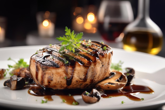 A plate of food with a bottle of wine in the background