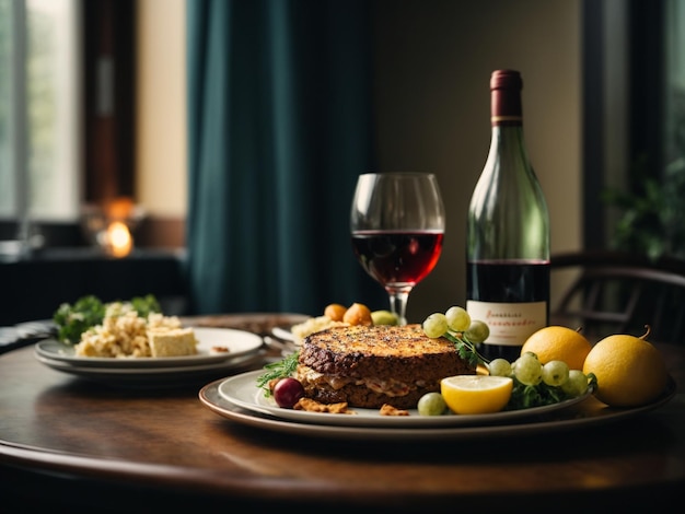 Photo a plate of food with a bottle of wine and a bottle of wine