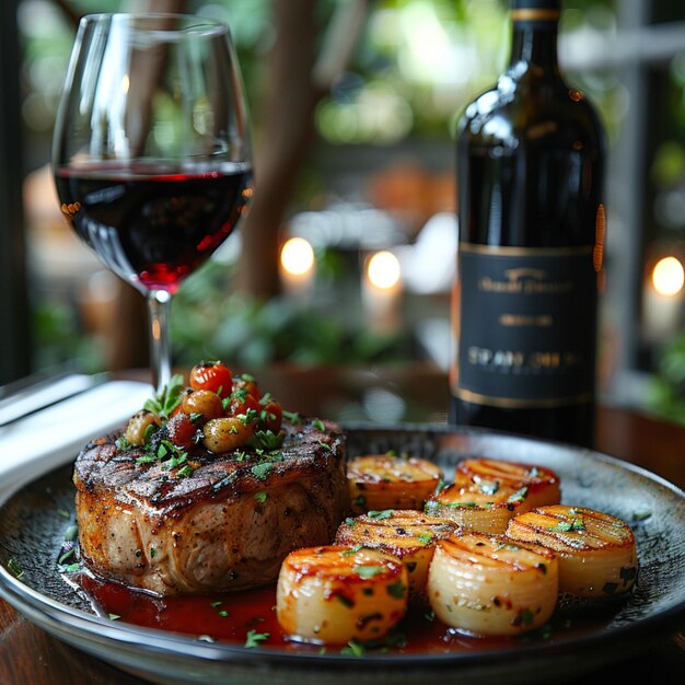 Photo a plate of food with a bottle of wine next to it