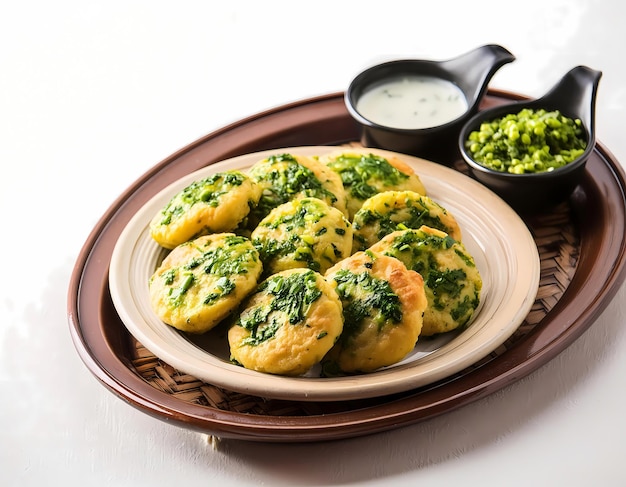 Photo a plate of food with a bowl of dip and a dipping sauce