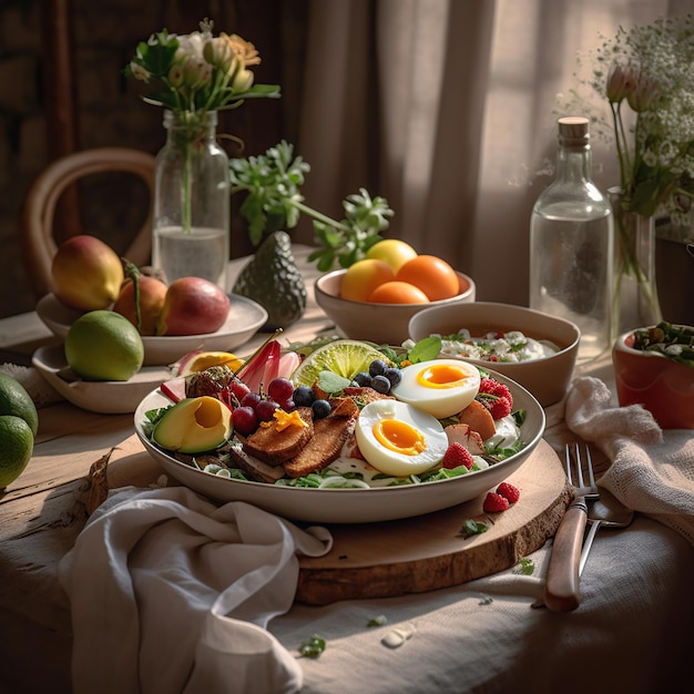 A plate of food with a bowl of eggs and a bowl of fruit on it.