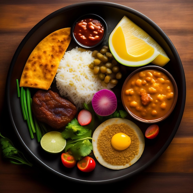 A plate of food with a bowl of food on it