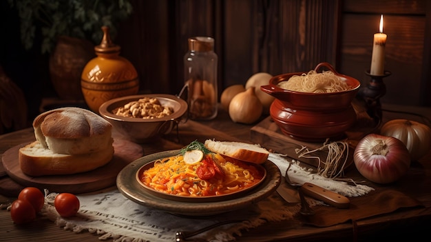 A plate of food with a bowl of food on it