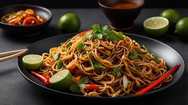 a plate of food with a bowl of food that says quot noodle quot