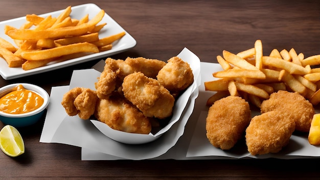 A plate of food with a bowl of fries and a bowl of chicken nuggets